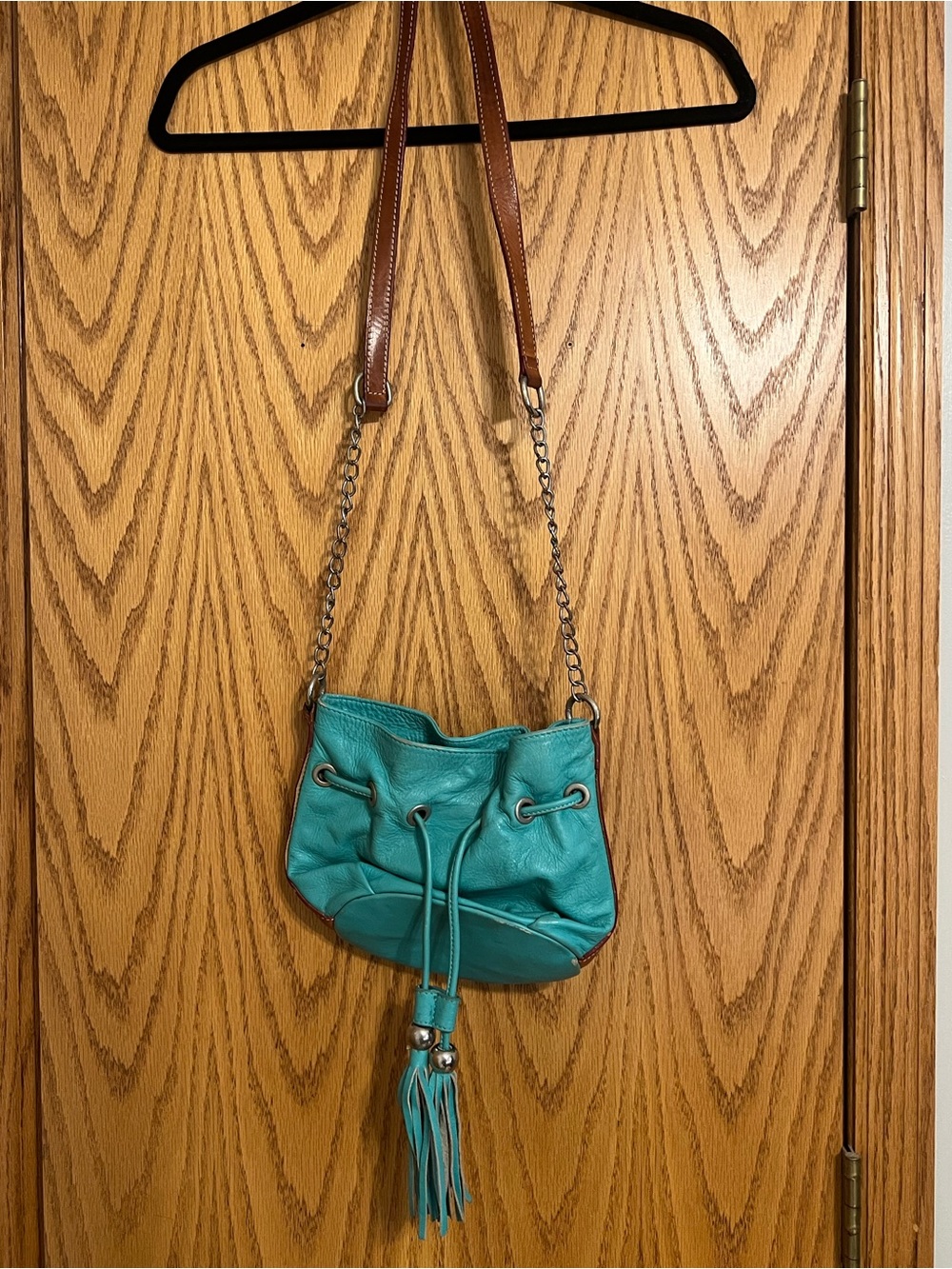 Genuine Italian Leather Turquoise Crossbody Bag with Tassels
